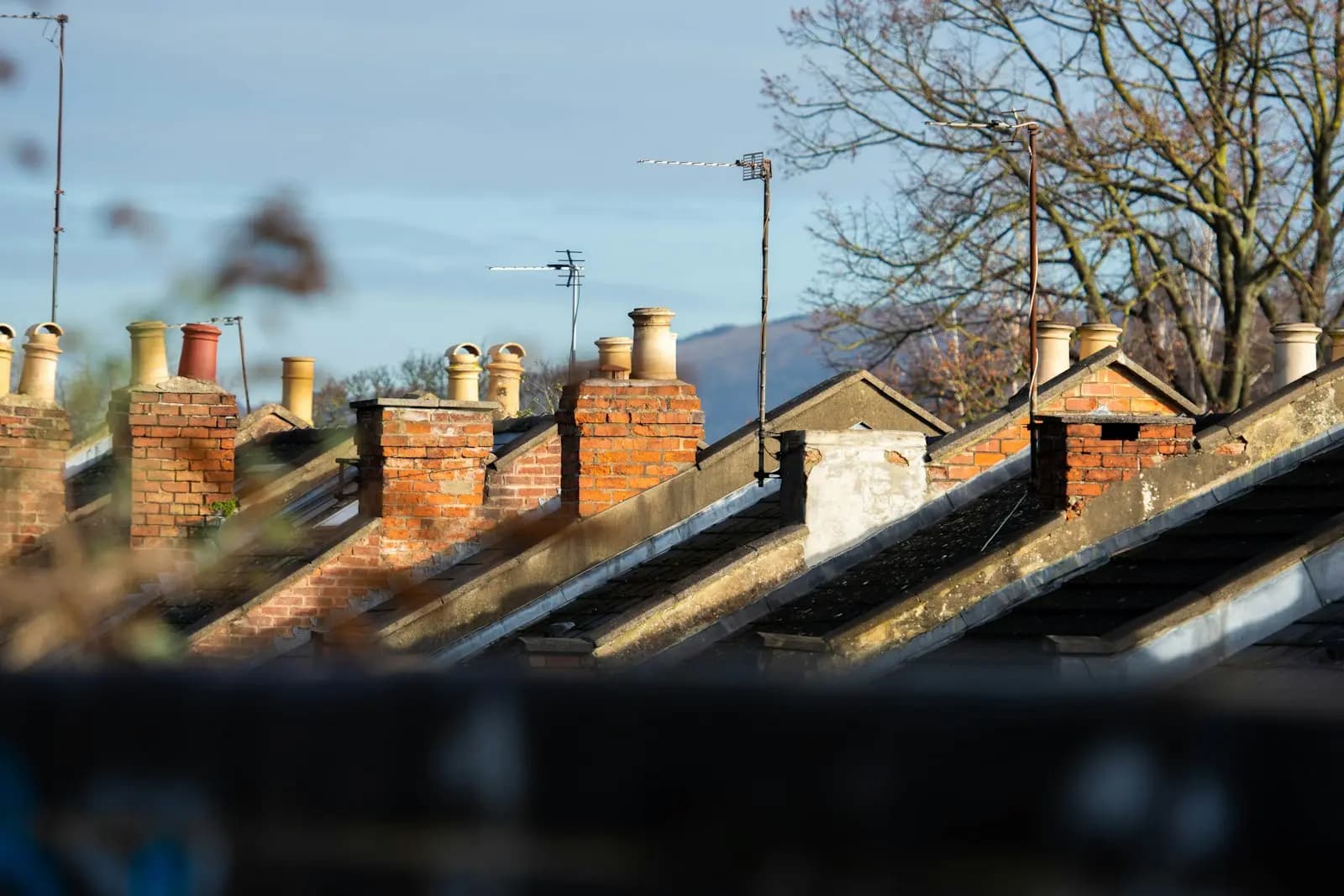 Rooftops of a terrace of brick houses in Cheltenham, with chimney stacks and clay pots, party-wall gable ends and television aerials in low winter sun